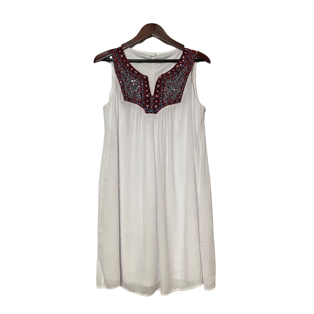 Dress Barn Westport White Sleeveless Dress Embroidered Flowy Boho